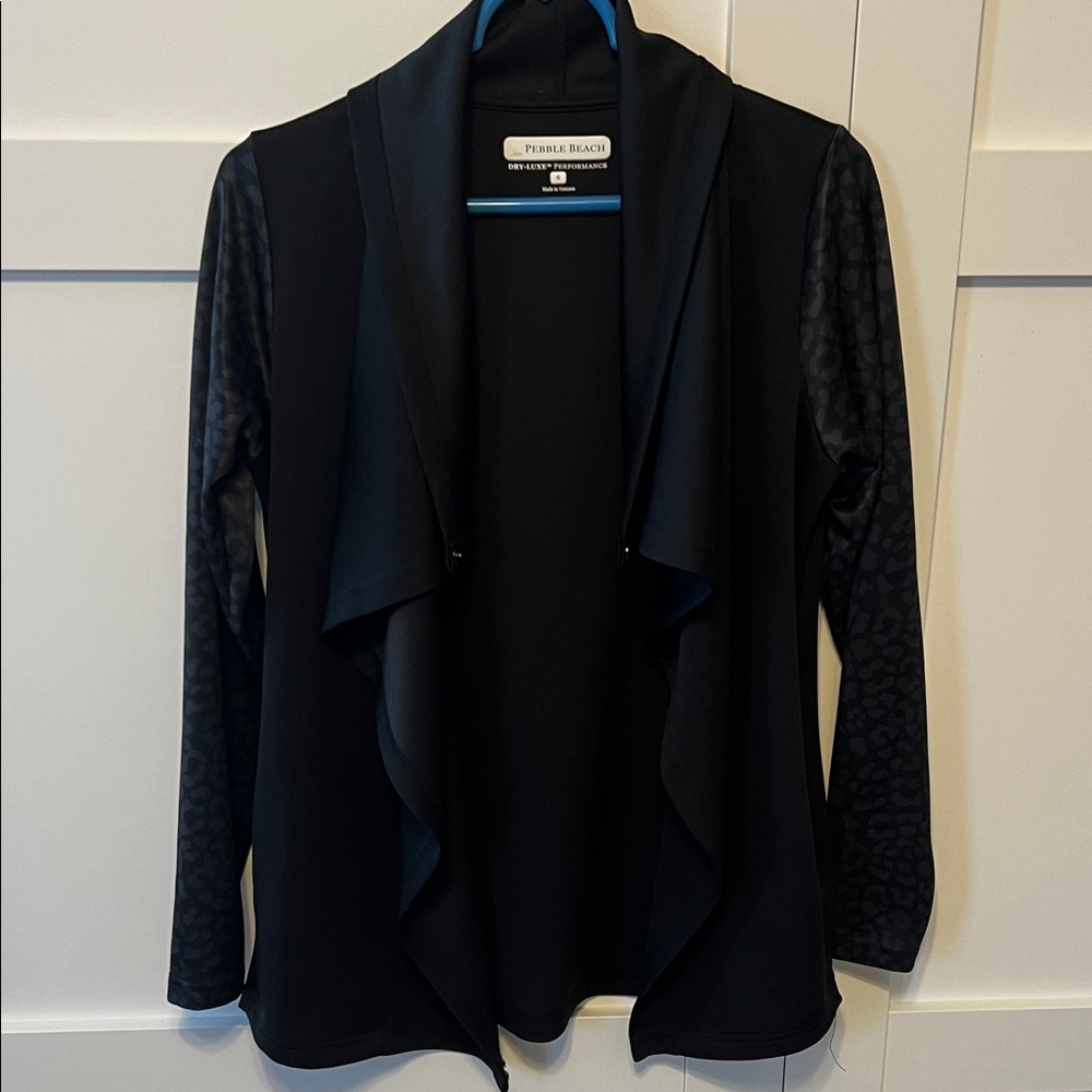 Pebble Beach Black Open-Front Waterfall Jacket with Patterned Sleeves